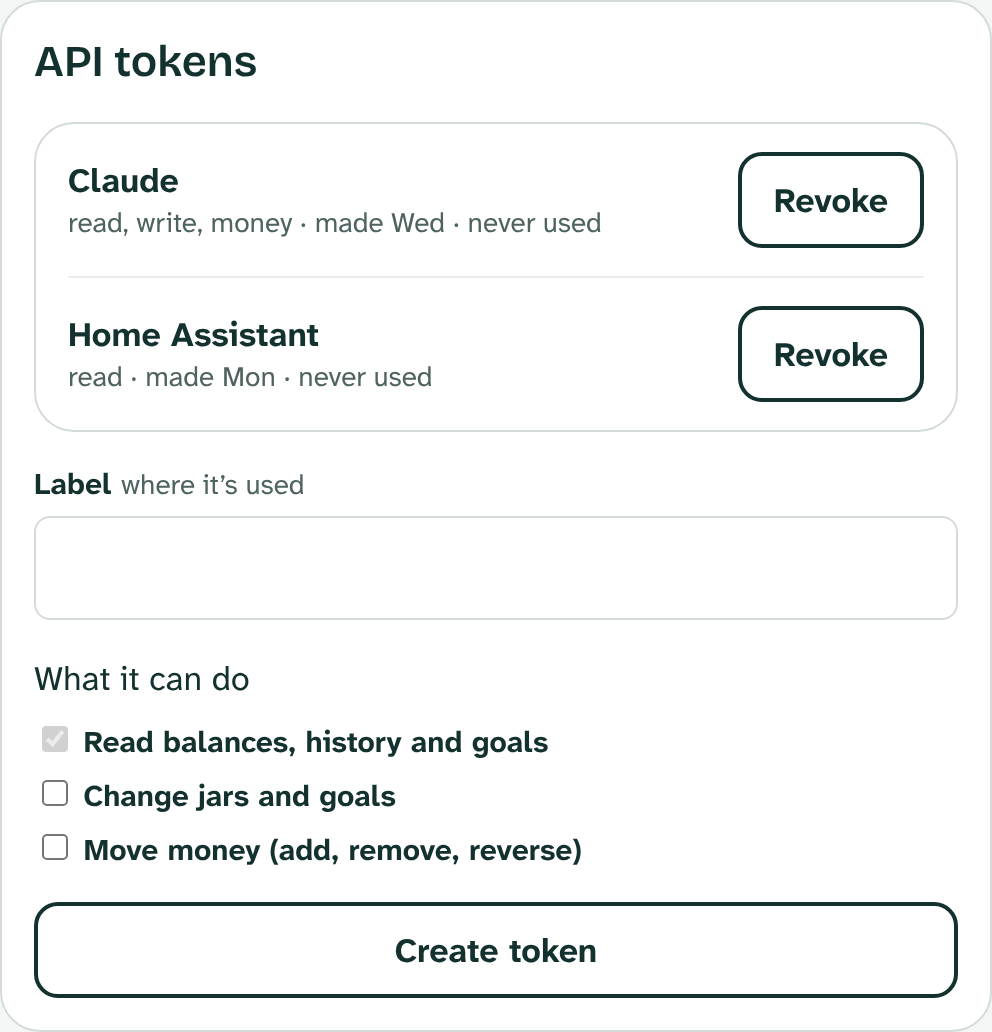 The API tokens card: a Claude token with read, write and money scopes and a read-only Home Assistant token