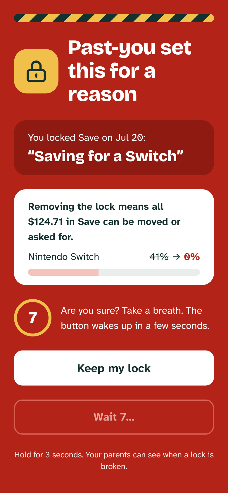 The red lock-breaking screen: the kid's own reason, the goal dropping from 41% to 0%, and a countdown
