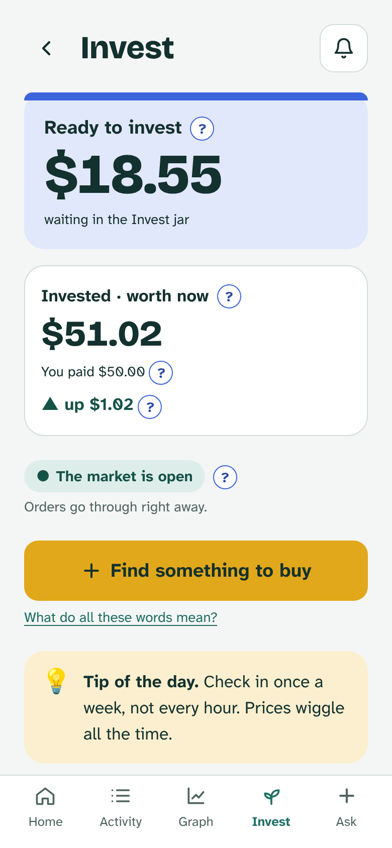 The Invest page: $18.55 ready to invest, $51.02 invested and up $1.02, the market is open