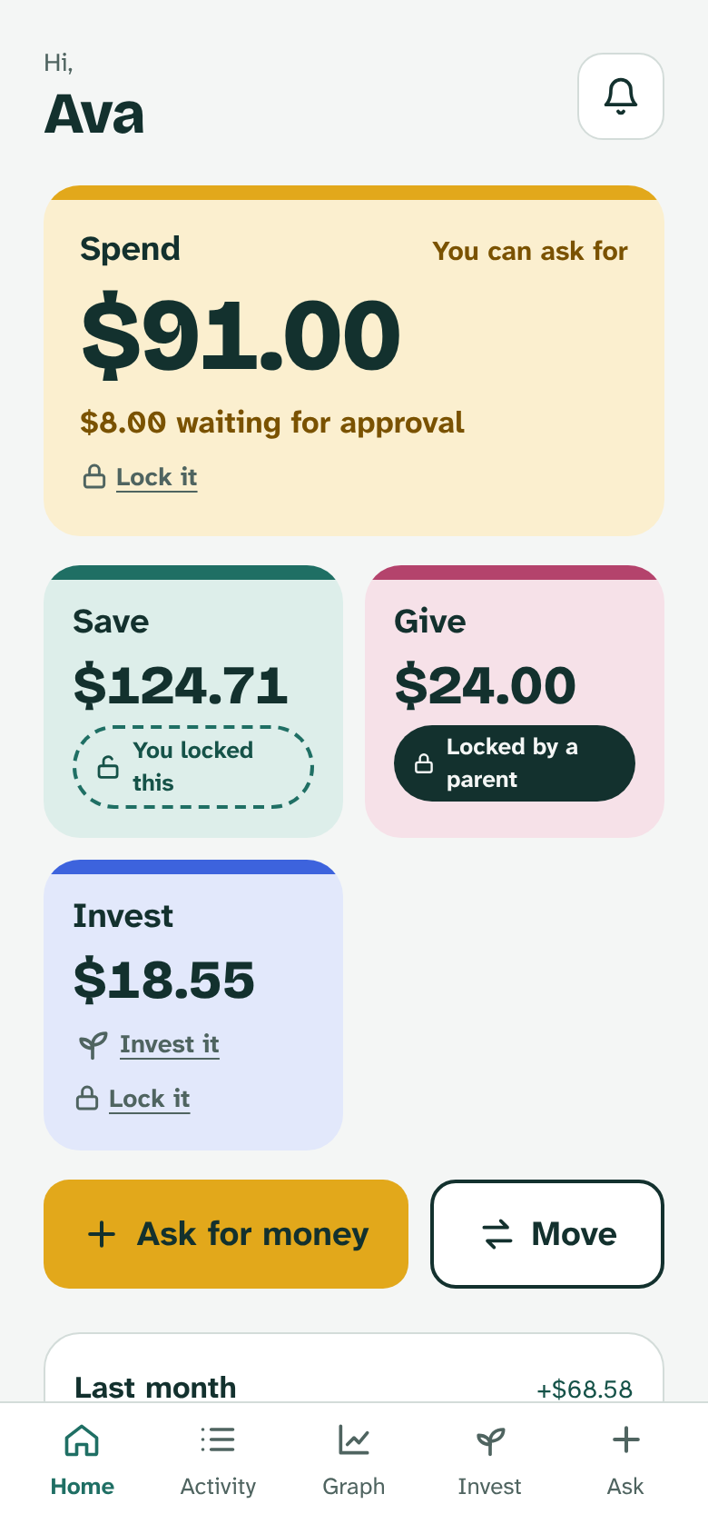 A kid's home on a phone: the Spend, Save, Give and Invest jars, with locks and money waiting for approval