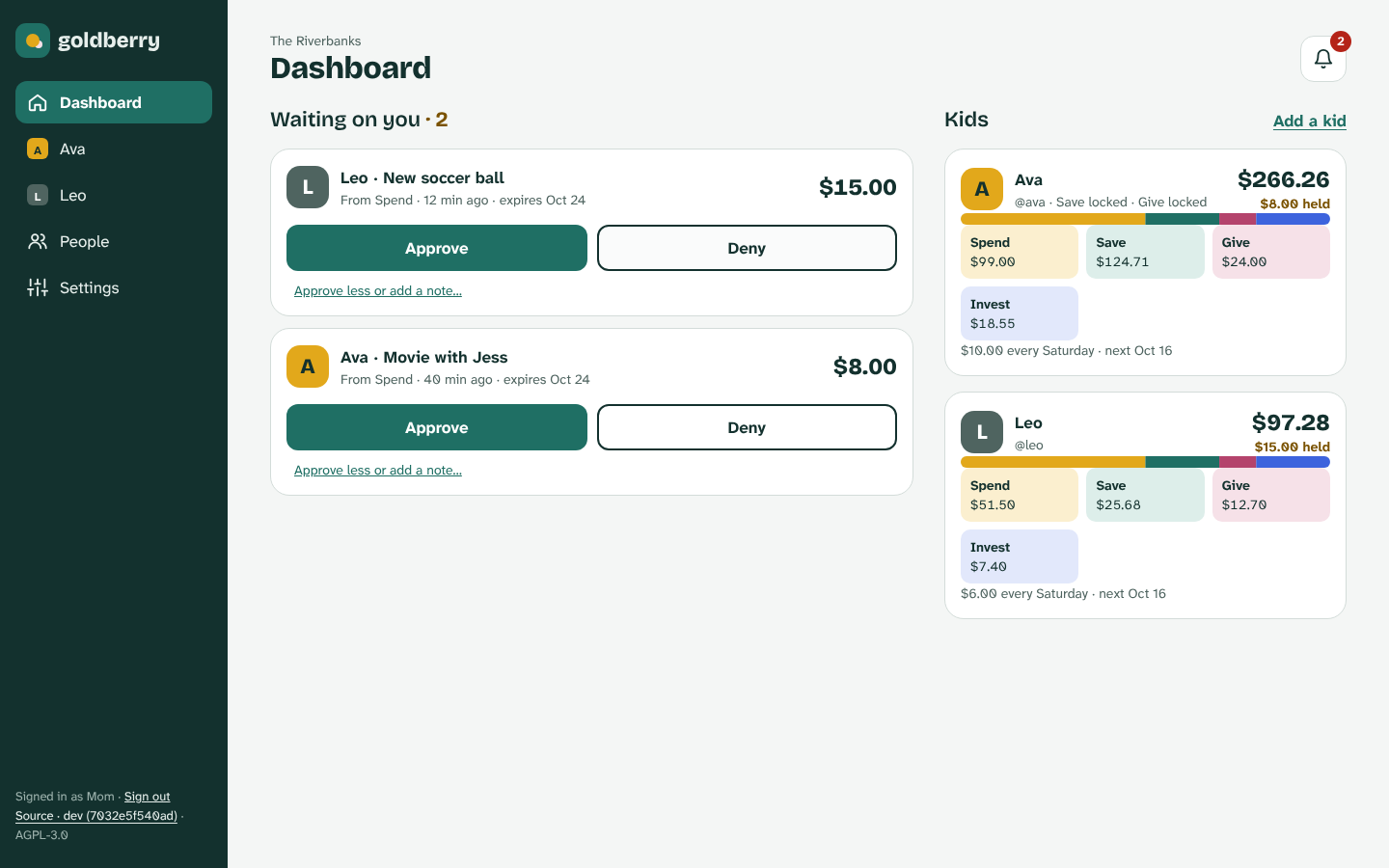 The parent dashboard: two requests waiting for approval and a card per kid with their Spend, Save, Give and Invest jars