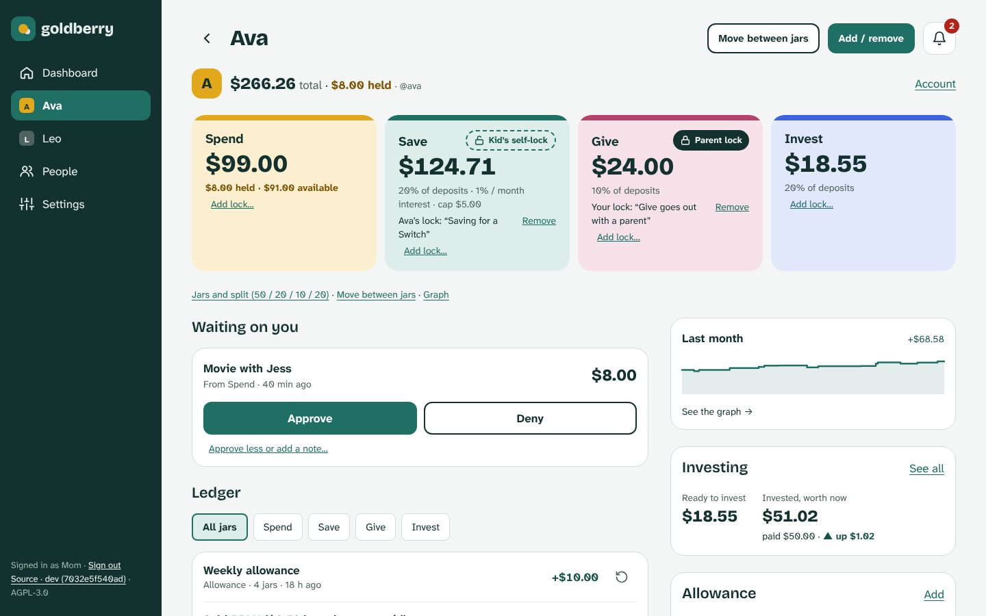A parent's view of Ava: four jar tiles with locks and interest, a pending request, the ledger, a sparkline of last month and an investing summary